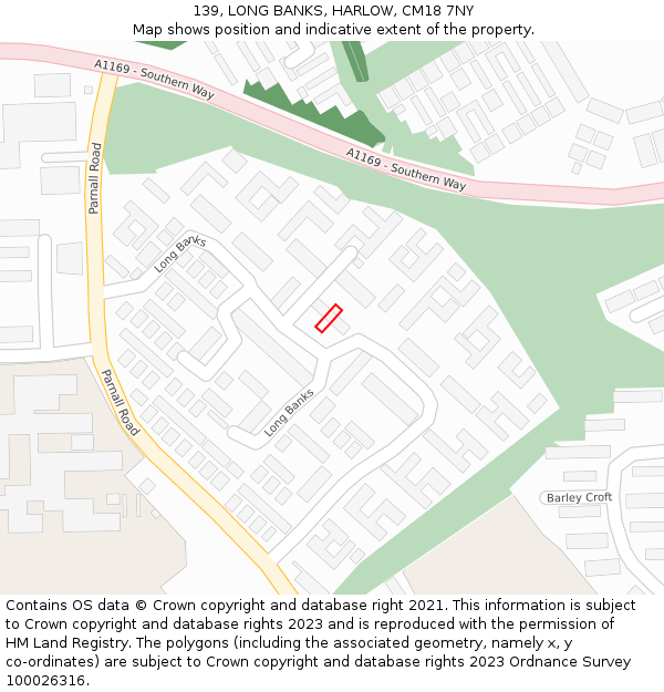139, LONG BANKS, HARLOW, CM18 7NY: Location map and indicative extent of plot
