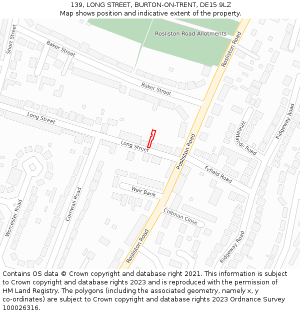 139, LONG STREET, BURTON-ON-TRENT, DE15 9LZ: Location map and indicative extent of plot