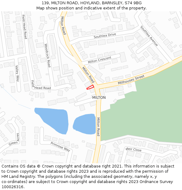 139, MILTON ROAD, HOYLAND, BARNSLEY, S74 9BG: Location map and indicative extent of plot