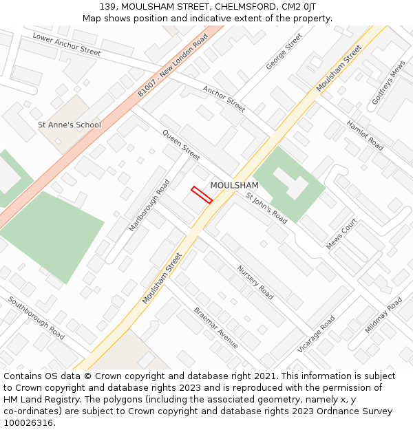 139, MOULSHAM STREET, CHELMSFORD, CM2 0JT: Location map and indicative extent of plot