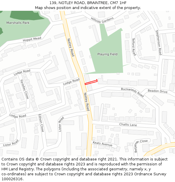 139, NOTLEY ROAD, BRAINTREE, CM7 1HF: Location map and indicative extent of plot