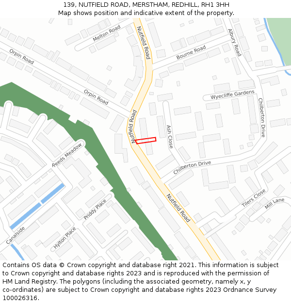 139, NUTFIELD ROAD, MERSTHAM, REDHILL, RH1 3HH: Location map and indicative extent of plot