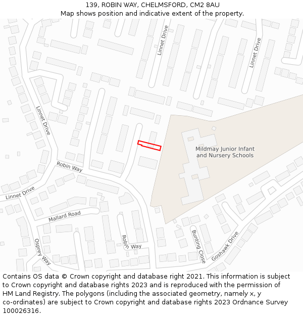139, ROBIN WAY, CHELMSFORD, CM2 8AU: Location map and indicative extent of plot
