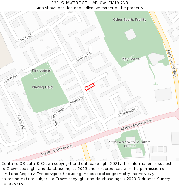 139, SHAWBRIDGE, HARLOW, CM19 4NR: Location map and indicative extent of plot