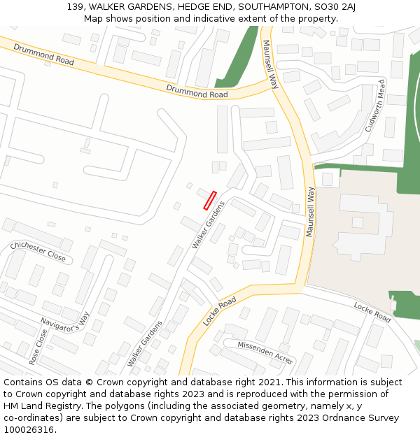 139, WALKER GARDENS, HEDGE END, SOUTHAMPTON, SO30 2AJ: Location map and indicative extent of plot