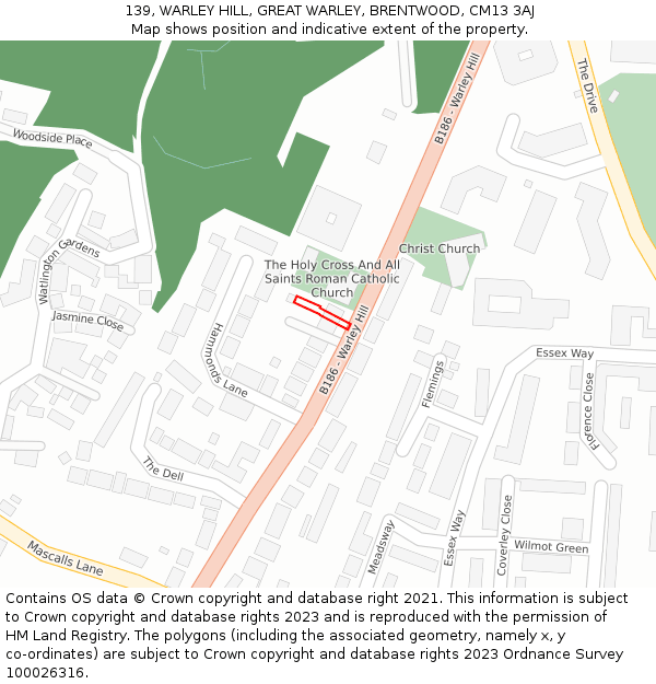 139, WARLEY HILL, GREAT WARLEY, BRENTWOOD, CM13 3AJ: Location map and indicative extent of plot