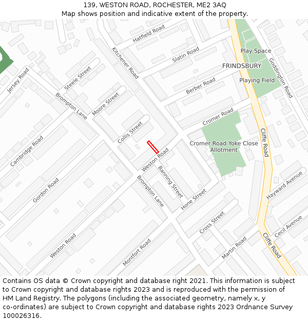 139, WESTON ROAD, ROCHESTER, ME2 3AQ: Location map and indicative extent of plot