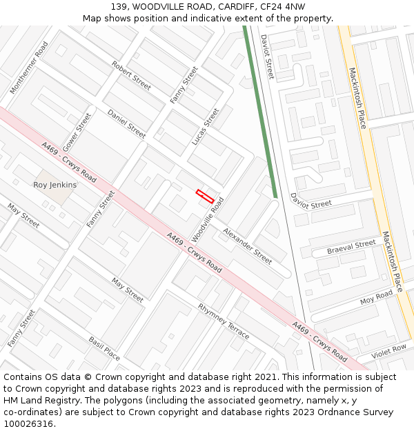 139, WOODVILLE ROAD, CARDIFF, CF24 4NW: Location map and indicative extent of plot