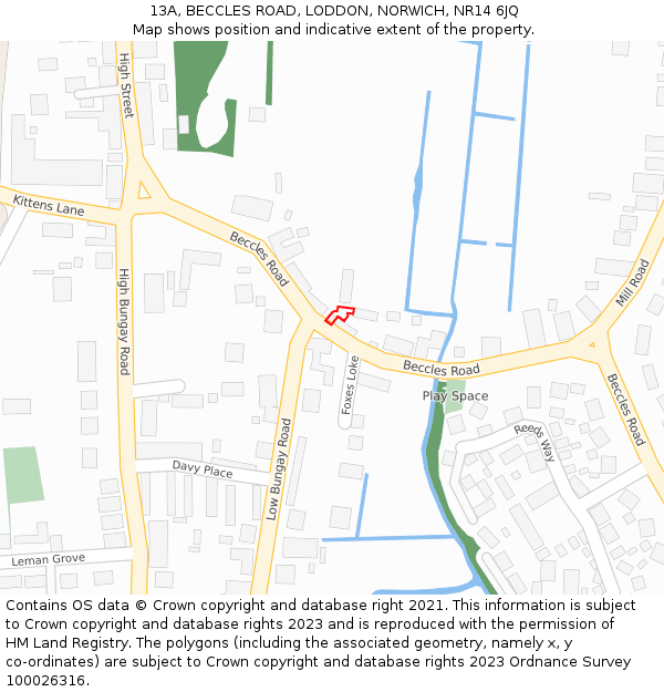 13A, BECCLES ROAD, LODDON, NORWICH, NR14 6JQ: Location map and indicative extent of plot
