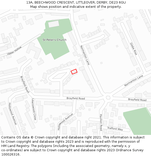 13A, BEECHWOOD CRESCENT, LITTLEOVER, DERBY, DE23 6GU: Location map and indicative extent of plot