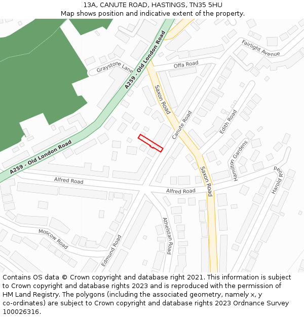 13A, CANUTE ROAD, HASTINGS, TN35 5HU: Location map and indicative extent of plot