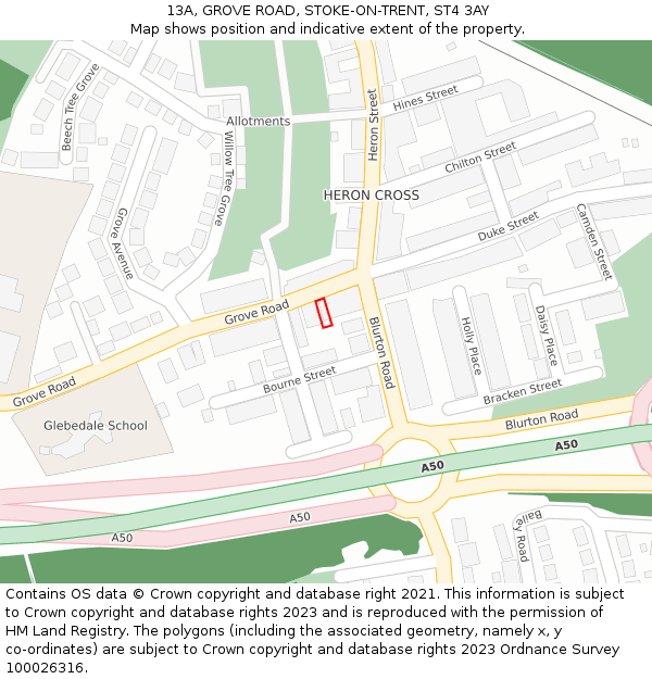 13A, GROVE ROAD, STOKE-ON-TRENT, ST4 3AY: Location map and indicative extent of plot