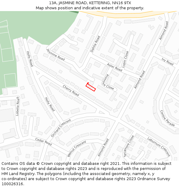 13A, JASMINE ROAD, KETTERING, NN16 9TX: Location map and indicative extent of plot