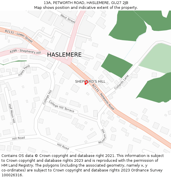 13A, PETWORTH ROAD, HASLEMERE, GU27 2JB: Location map and indicative extent of plot