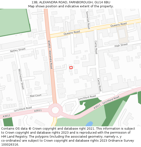 13B, ALEXANDRA ROAD, FARNBOROUGH, GU14 6BU: Location map and indicative extent of plot