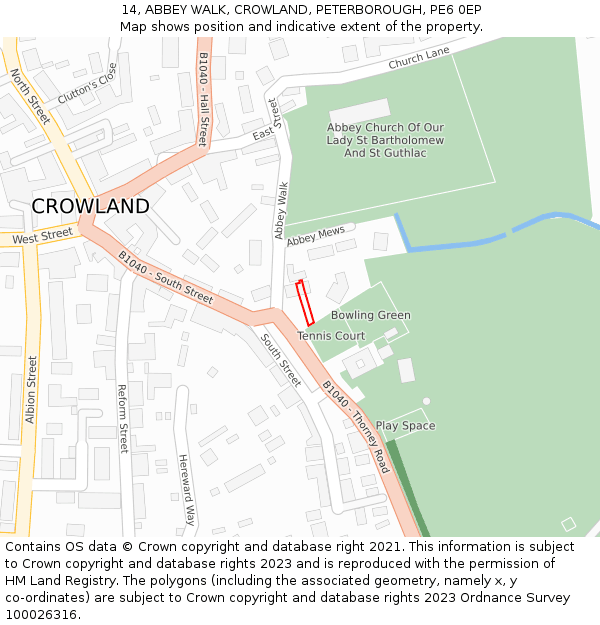14, ABBEY WALK, CROWLAND, PETERBOROUGH, PE6 0EP: Location map and indicative extent of plot