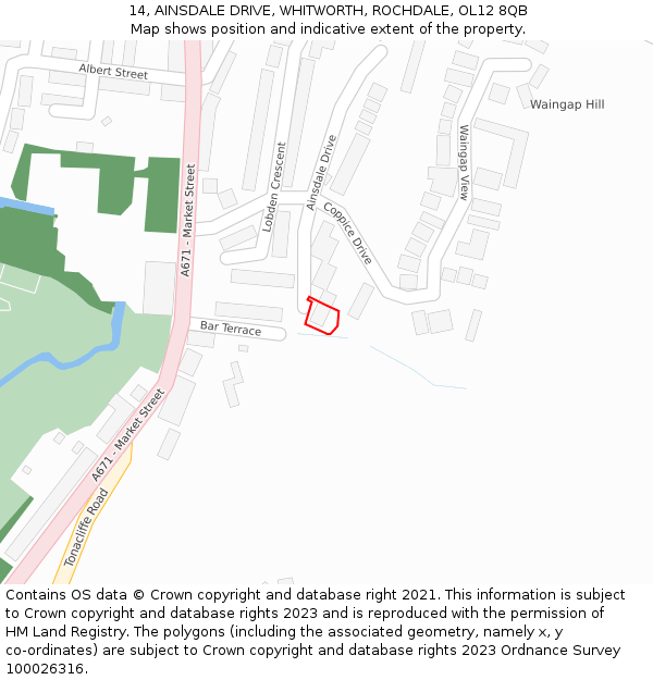 14, AINSDALE DRIVE, WHITWORTH, ROCHDALE, OL12 8QB: Location map and indicative extent of plot