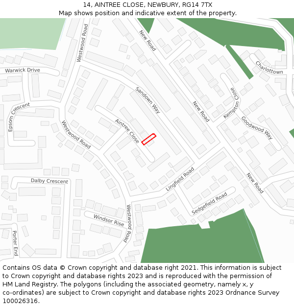 14, AINTREE CLOSE, NEWBURY, RG14 7TX: Location map and indicative extent of plot