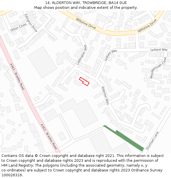 14, ALDERTON WAY, TROWBRIDGE, BA14 0UE: Location map and indicative extent of plot
