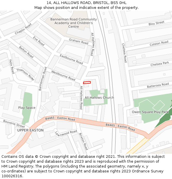 14, ALL HALLOWS ROAD, BRISTOL, BS5 0HL: Location map and indicative extent of plot