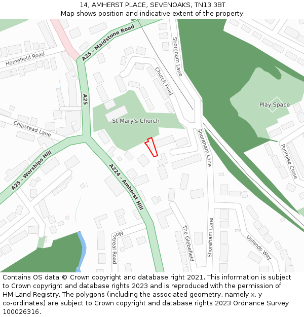 14, AMHERST PLACE, SEVENOAKS, TN13 3BT: Location map and indicative extent of plot