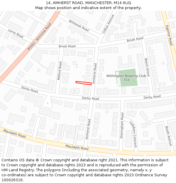 14, AMHERST ROAD, MANCHESTER, M14 6UQ: Location map and indicative extent of plot