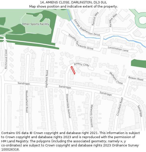 14, AMIENS CLOSE, DARLINGTON, DL3 0UL: Location map and indicative extent of plot
