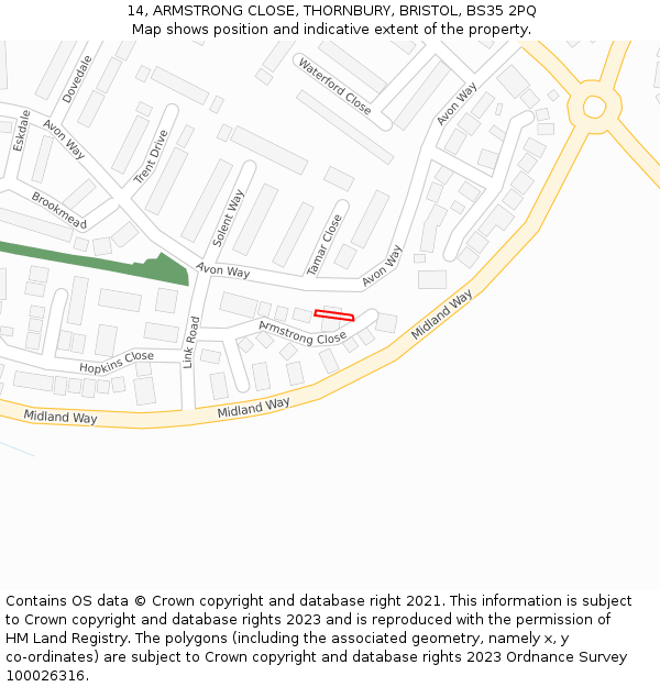 14, ARMSTRONG CLOSE, THORNBURY, BRISTOL, BS35 2PQ: Location map and indicative extent of plot