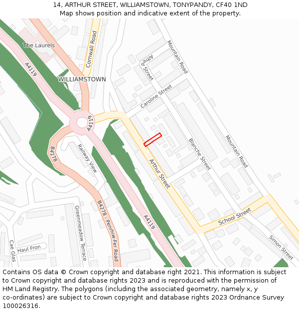 14, ARTHUR STREET, WILLIAMSTOWN, TONYPANDY, CF40 1ND: Location map and indicative extent of plot