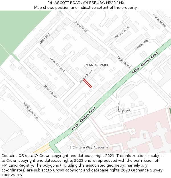 14, ASCOTT ROAD, AYLESBURY, HP20 1HX: Location map and indicative extent of plot