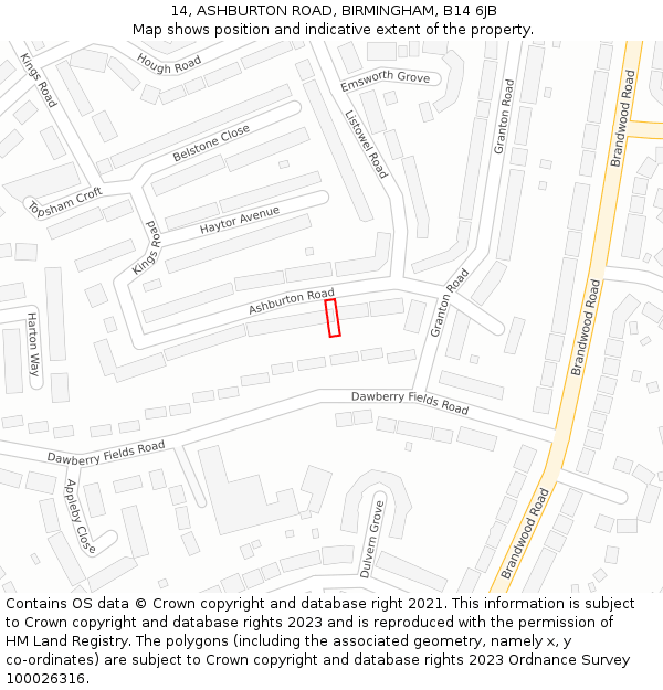 14, ASHBURTON ROAD, BIRMINGHAM, B14 6JB: Location map and indicative extent of plot