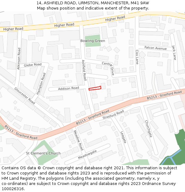 14, ASHFIELD ROAD, URMSTON, MANCHESTER, M41 9AW: Location map and indicative extent of plot