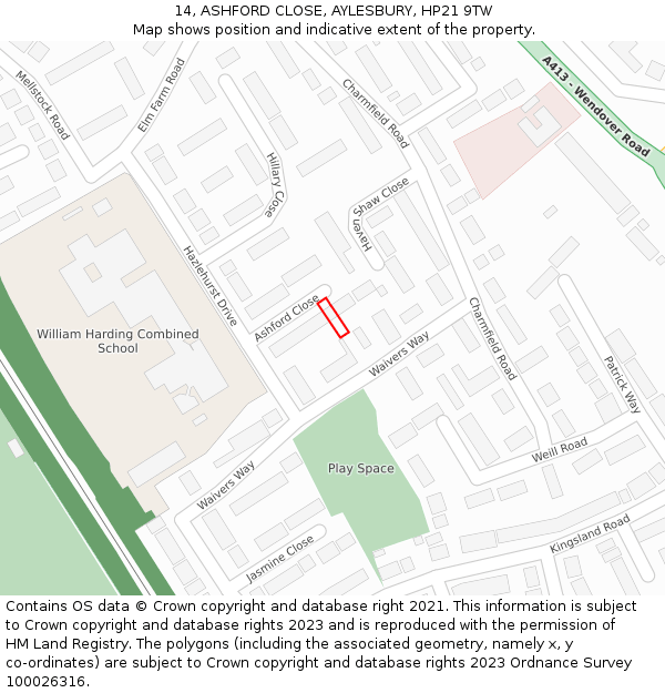 14, ASHFORD CLOSE, AYLESBURY, HP21 9TW: Location map and indicative extent of plot