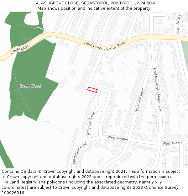 14, ASHGROVE CLOSE, SEBASTOPOL, PONTYPOOL, NP4 5DA: Location map and indicative extent of plot