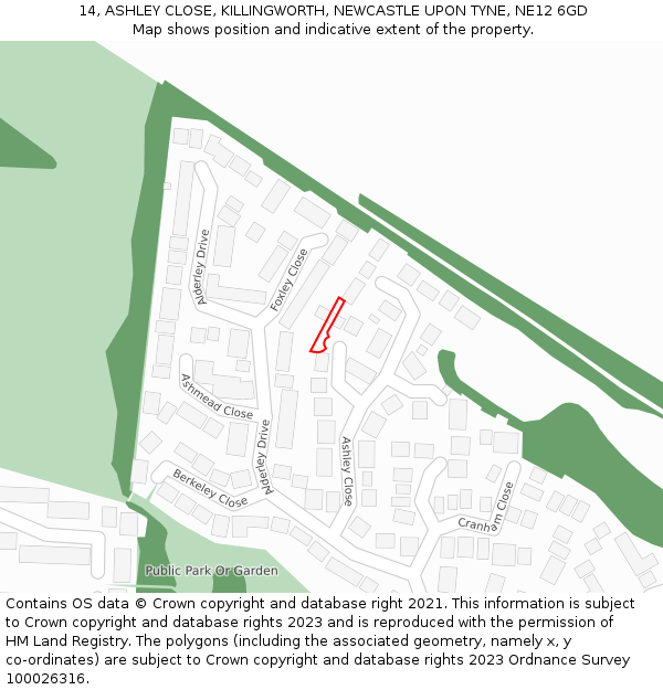 14, ASHLEY CLOSE, KILLINGWORTH, NEWCASTLE UPON TYNE, NE12 6GD: Location map and indicative extent of plot