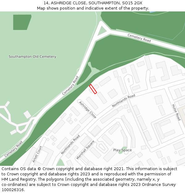 14, ASHRIDGE CLOSE, SOUTHAMPTON, SO15 2GX: Location map and indicative extent of plot
