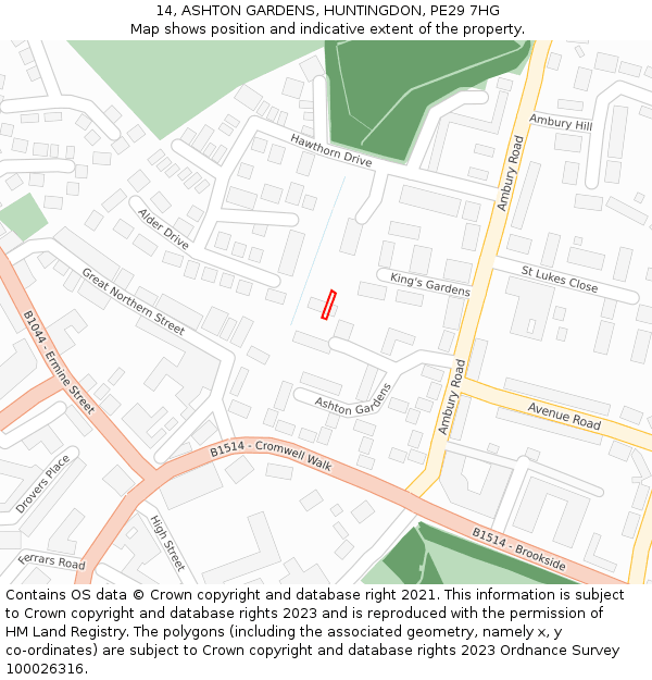 14, ASHTON GARDENS, HUNTINGDON, PE29 7HG: Location map and indicative extent of plot