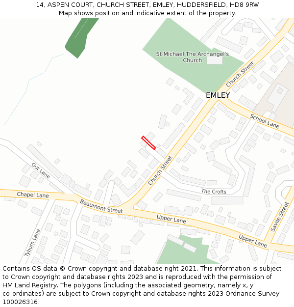 14, ASPEN COURT, CHURCH STREET, EMLEY, HUDDERSFIELD, HD8 9RW: Location map and indicative extent of plot