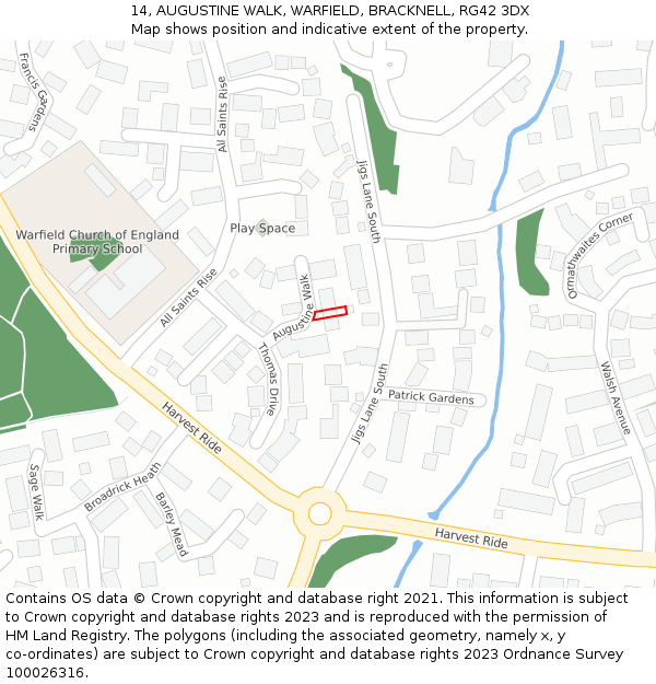 14, AUGUSTINE WALK, WARFIELD, BRACKNELL, RG42 3DX: Location map and indicative extent of plot