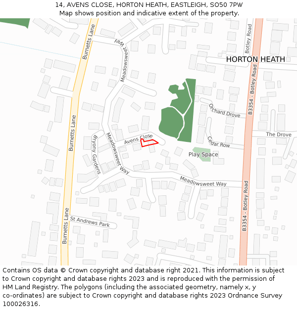 14, AVENS CLOSE, HORTON HEATH, EASTLEIGH, SO50 7PW: Location map and indicative extent of plot