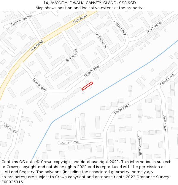 14, AVONDALE WALK, CANVEY ISLAND, SS8 9SD: Location map and indicative extent of plot