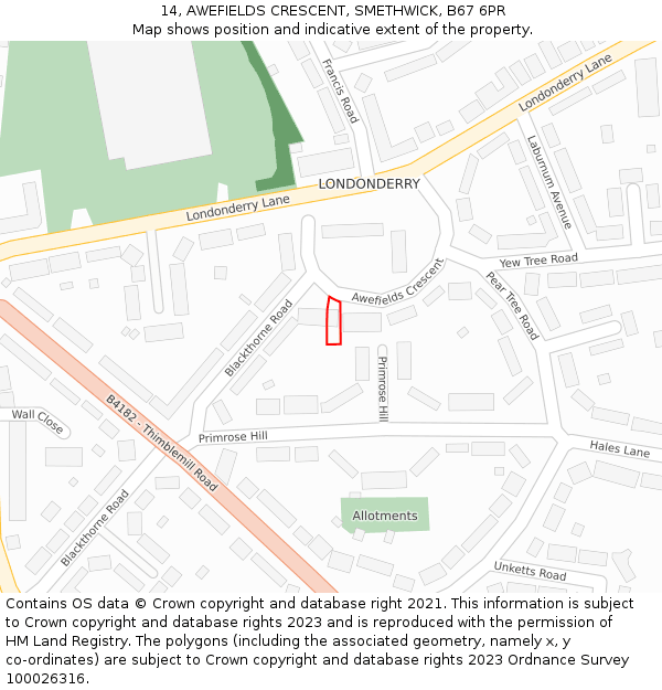 14, AWEFIELDS CRESCENT, SMETHWICK, B67 6PR: Location map and indicative extent of plot