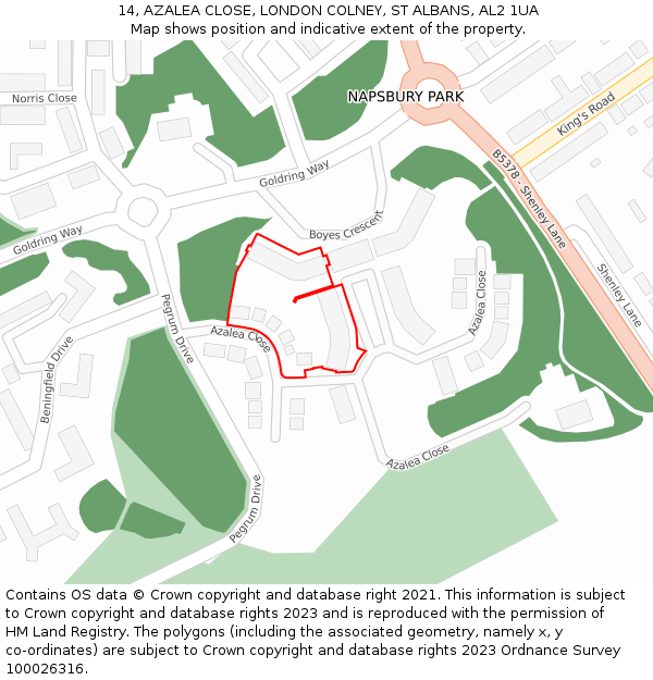 14, AZALEA CLOSE, LONDON COLNEY, ST ALBANS, AL2 1UA: Location map and indicative extent of plot