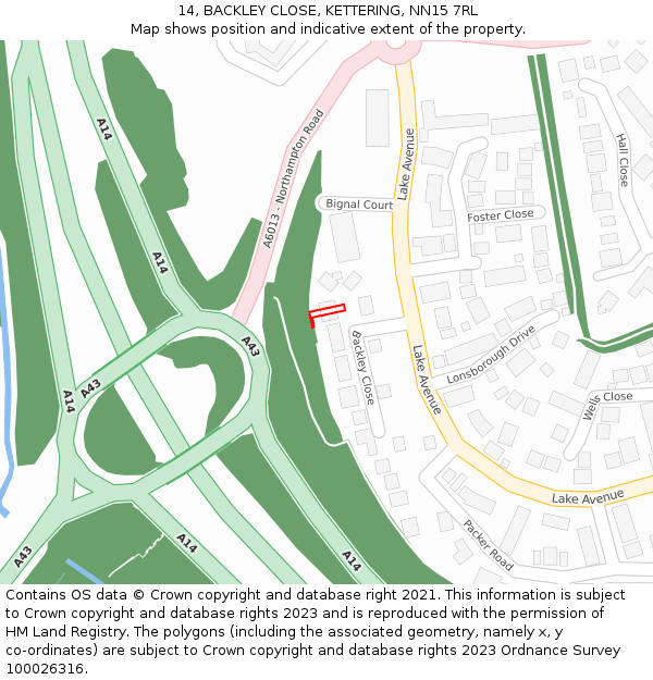 14, BACKLEY CLOSE, KETTERING, NN15 7RL: Location map and indicative extent of plot