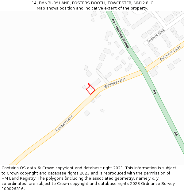 14, BANBURY LANE, FOSTERS BOOTH, TOWCESTER, NN12 8LG: Location map and indicative extent of plot