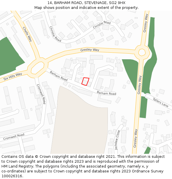 14, BARHAM ROAD, STEVENAGE, SG2 9HX: Location map and indicative extent of plot