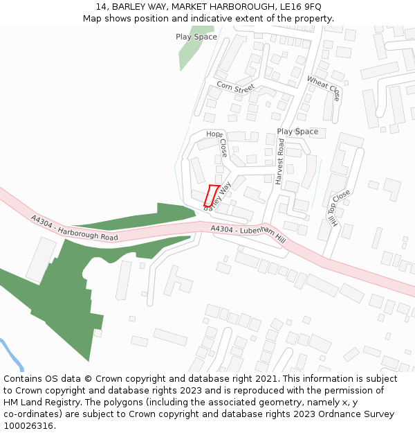 14, BARLEY WAY, MARKET HARBOROUGH, LE16 9FQ: Location map and indicative extent of plot