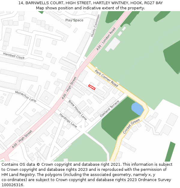 14, BARNWELLS COURT, HIGH STREET, HARTLEY WINTNEY, HOOK, RG27 8AY: Location map and indicative extent of plot