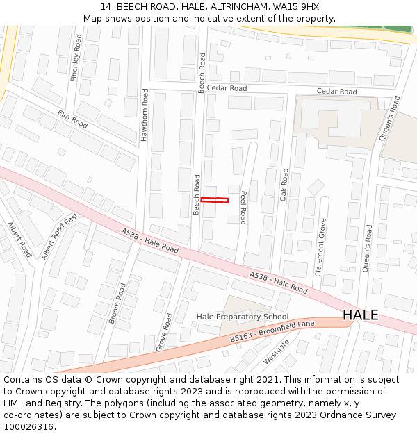 14, BEECH ROAD, HALE, ALTRINCHAM, WA15 9HX: Location map and indicative extent of plot