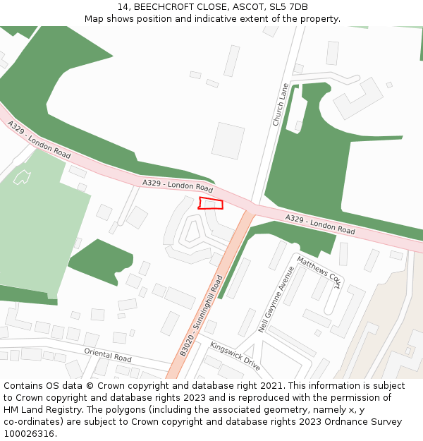 14, BEECHCROFT CLOSE, ASCOT, SL5 7DB: Location map and indicative extent of plot